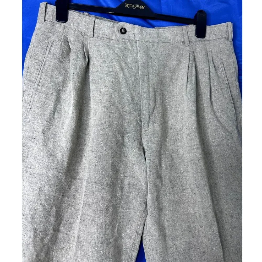 Vtg Mens Tan Linen Trousers Sz 36M Capsule Office Neutral Classic Summer Cotton